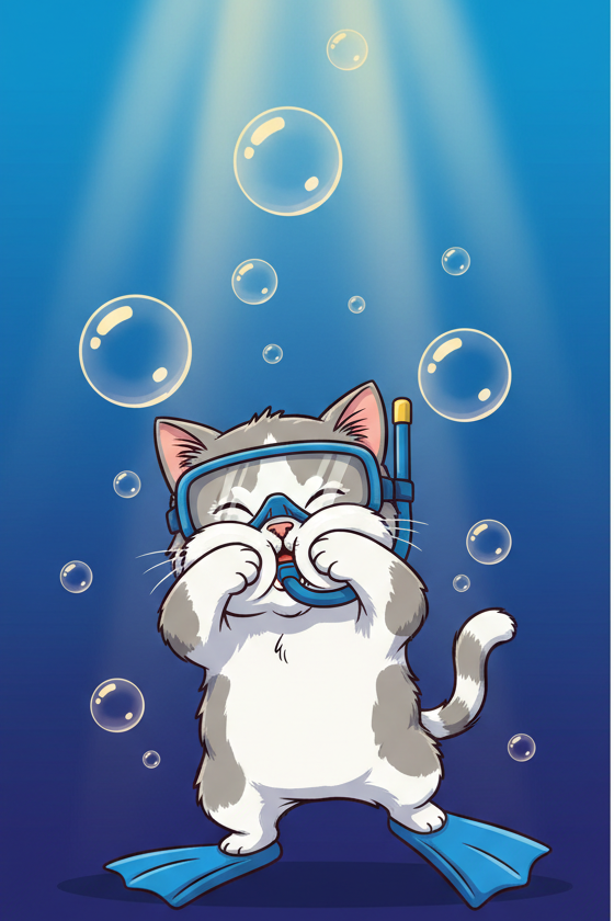 cartoon scuba kitten underwater