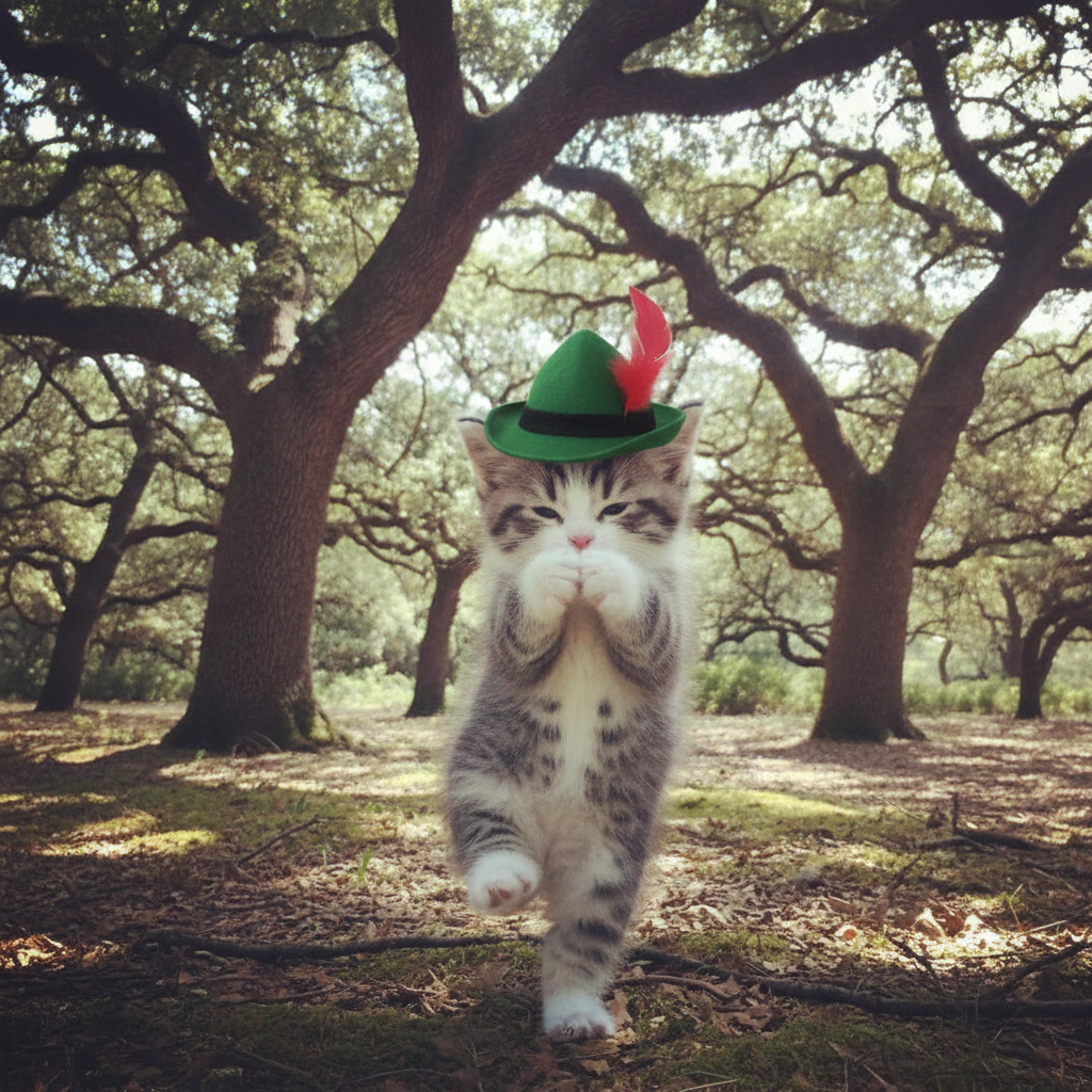 scuba kitten wearing a robin hood hat