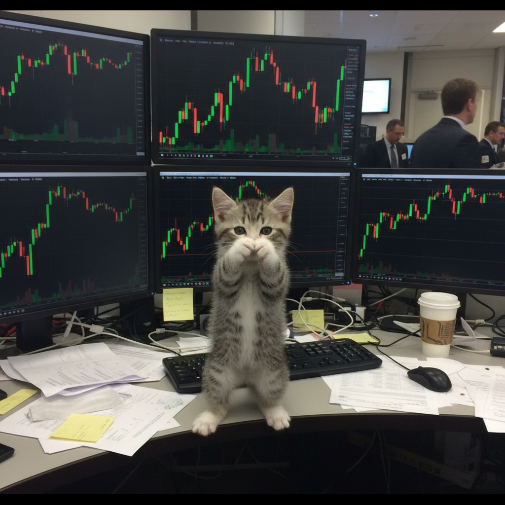 scuba kitten on a trading desk